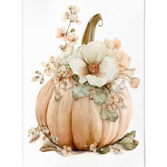 Watercolor Pumpkin with Flowers Wall Art Print Unframed - Cozy Autumn Elegance - Picture 4 of 7